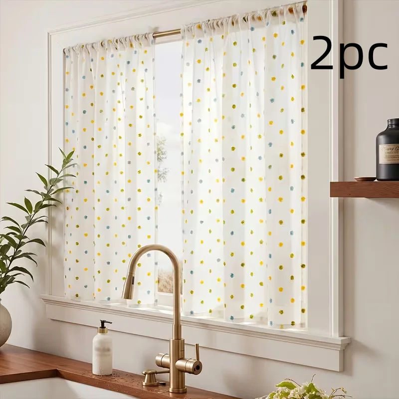 2PC  Macaron Polka Dot Sheer Half Curtain, Color Block Rod Pocket Cafe Curtain