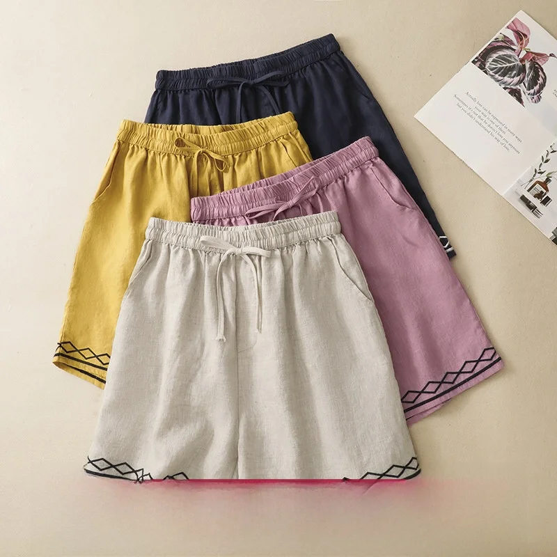 

Летние новые женские свободные повседневные шорты с эластичным поясом, широкими штанинами, из хлопково-льняной смеси, с вышивкой, длиной до колена