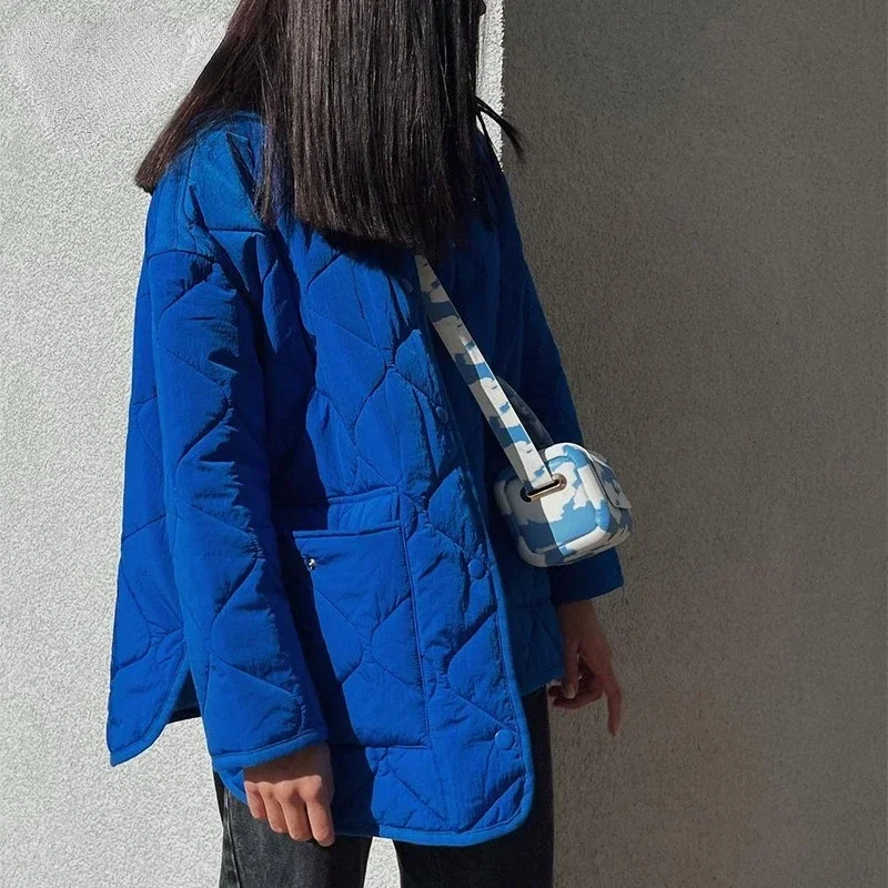 2022 new autumn and winter long-sleeved thick fashion single-breasted casual loose warm blue round neck cotton jacket women