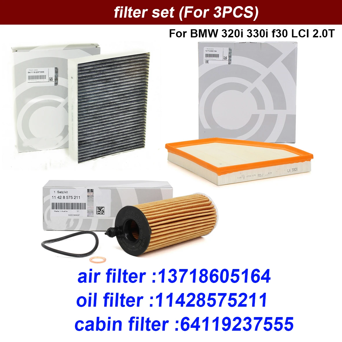 

Filter Set Air Filter 13718605164 Oil Filter 11428575211 Cabin Filter 64119237555 For BMW 320i 330i f30 LCI 2.0T