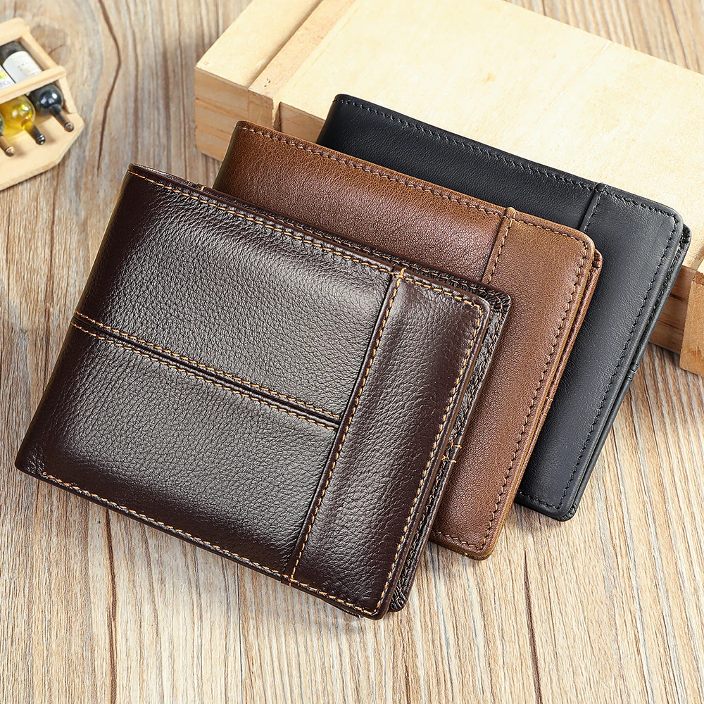 NIUCUNZH Custom Name Wallet Men's Leather Short Money Bao Top Layer Cowhide Retro Men's Anti-Theft Brush Rfid Card Bag