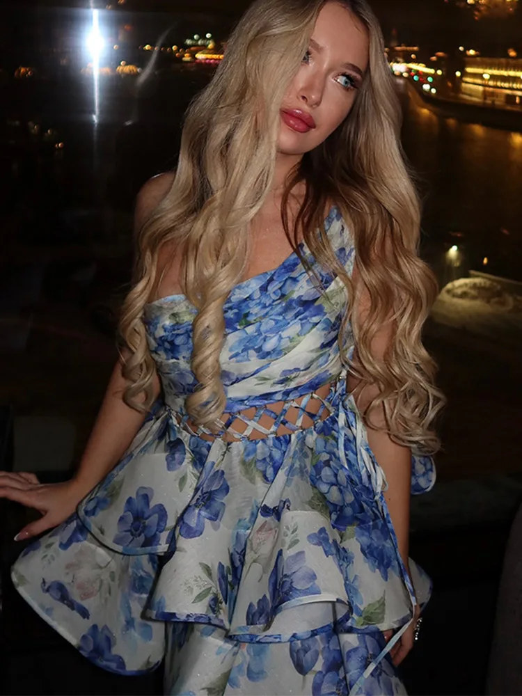 Feminino elegante flor impresso mini vestido ombro inclinado sem costas em camadas plissado rendas até retalhos a linha robe y2k vestido de noite