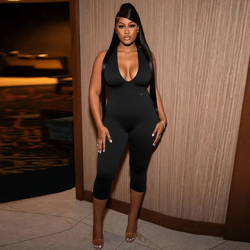

Solid Black Sexy Backless Halter Deep V-Neck Jumpsuit Women One Piece Outfits Skinny Casual Streetwear Calf-Length Simple Romper