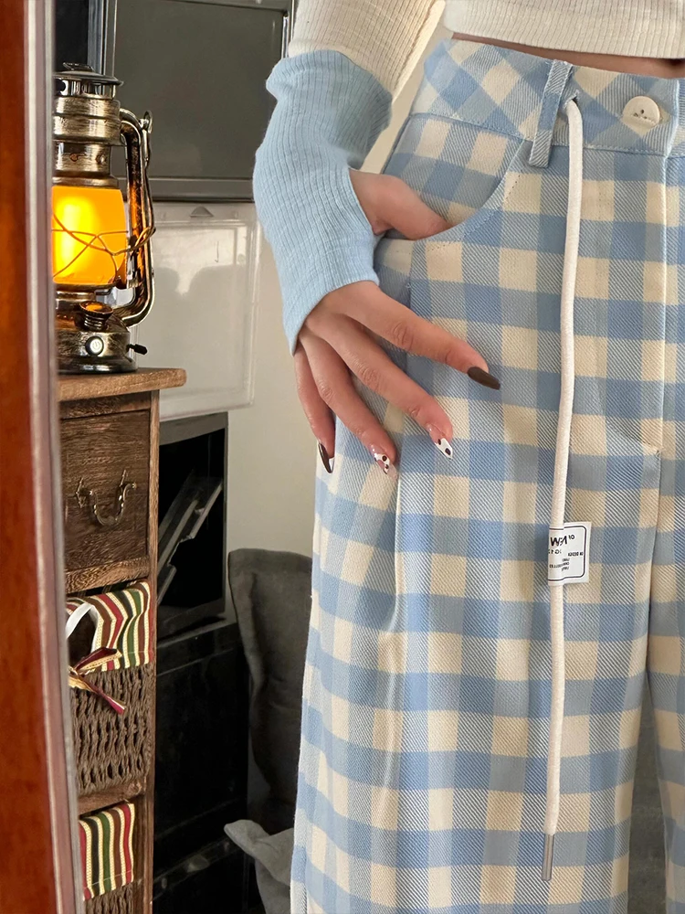 Pantalon à carreaux pour femmes, nouveau Style d'été, tendance, Simple, artistique, polyvalent, bleu, taille haute, jambes larges