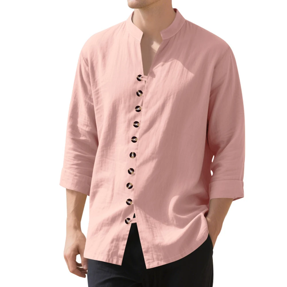 Camisa de manga larga de lino y algodón para hombre, Top informal con botones de Color sólido, camisa cómoda y ligera transpirable, camisas con cuello Henly
