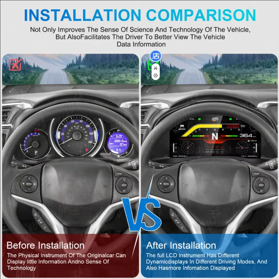 YTR 12.3 inch Linux Car Digital Cluster For Honda Fit Jazz 2014-2020 LCD Speedometer Virtual Instrument Dashboard Panel Cockpit