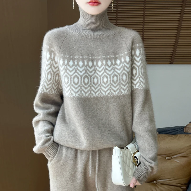 TLOML Nuove Donne Dolcevita Jacquard Pullover Maglione Autunno Inverno Spessore 100% Lana Merino Maglieria Morbido Caldo Bottoms Femminile Magliette e camicette