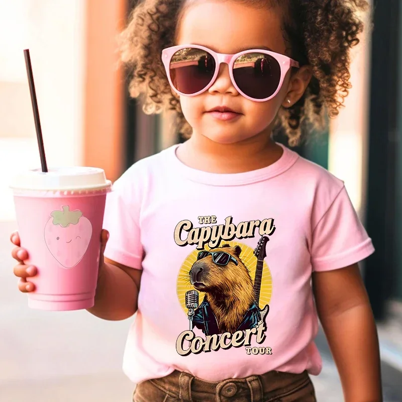 Cute Capybara Loves Drinking Bubble Tea Kids Cotton T-shirt Pink Short-sleeved Cartoon Top for Girls