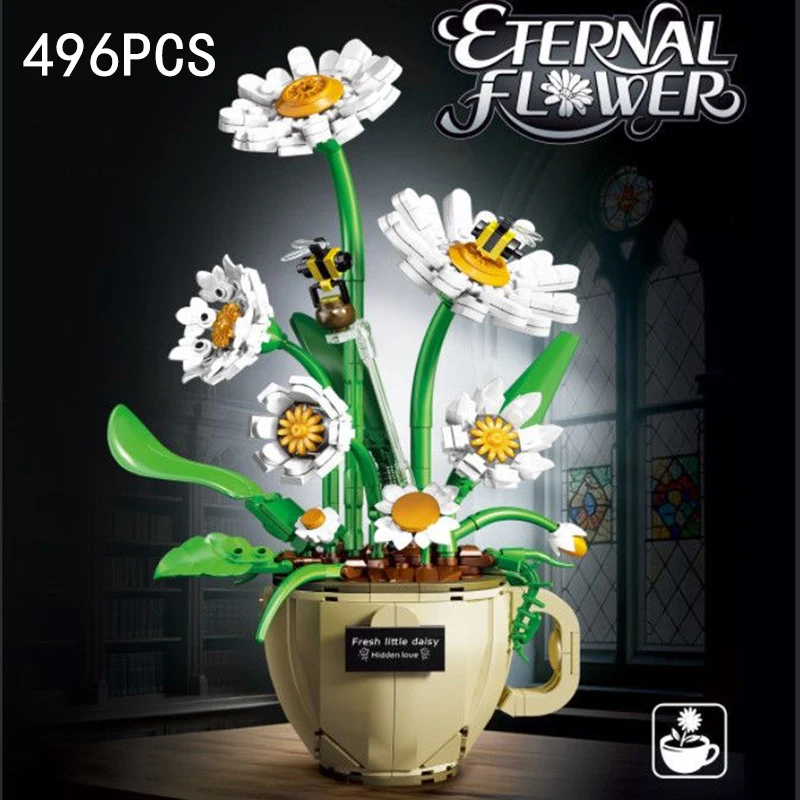 Bloques de Construcción MOC, Taza de Café con Flores, Plantas en Maceta, Ramo de Rosas y Margaritas, Flores Eternas, Modelo de Decoración para el Hogar, Rompecabezas, Regalo Romántico