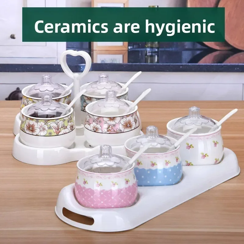 

3-in-1 Ceramic Seasoning Jar Set Seasoning Tank Salt Shaker Three-piece Kitchen Utensils Korean Cruet Seasoning Bottle Pepper