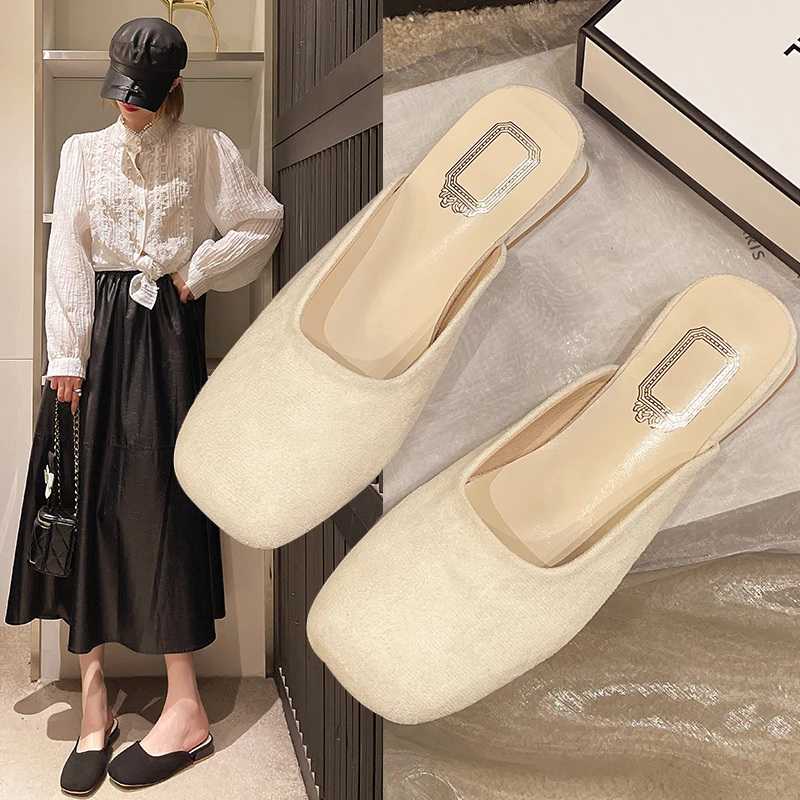 Women Mules  Summer Elegant Square Closed Toe Flat Slippers Female Shoes Casual Leather Black White Slides Plus Size 35-43