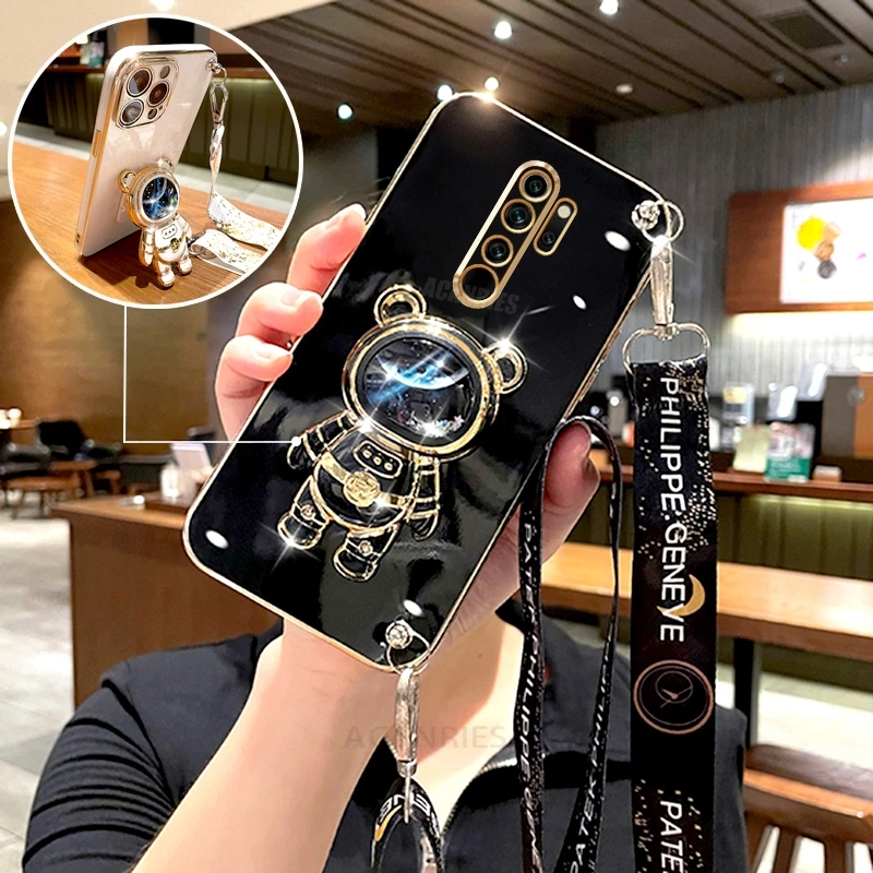 Note8pro Crossbody Lanyard Plating Case On For Xiaomi Redmi Note 8 Pro 9 9s 7 8t 8pro 9pro Astronaut Silicone Stand Cover Redmi9