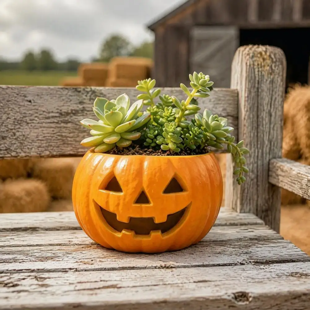 S Holder for Fall Home Decor Halloween Pumpkin Planter Pot Jack-o-lantern Flower Container Resin Decorative Holder for Indoor