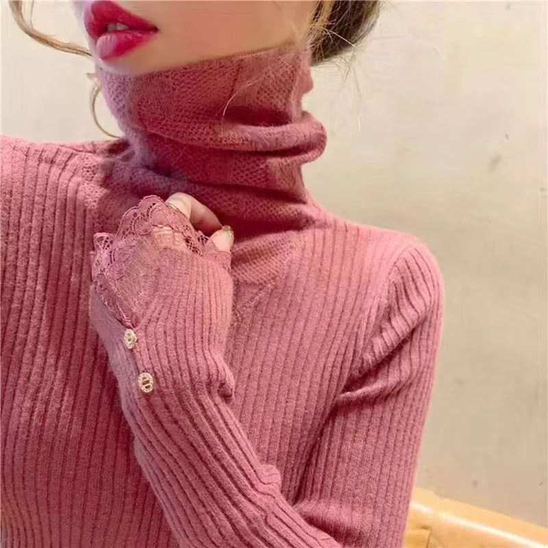 Elegant Turtleneck Spliced Lace Casual Blouse Women\'s Clothing 2022 Autumn New Korean Pullovers All-match Office Lady Shirt