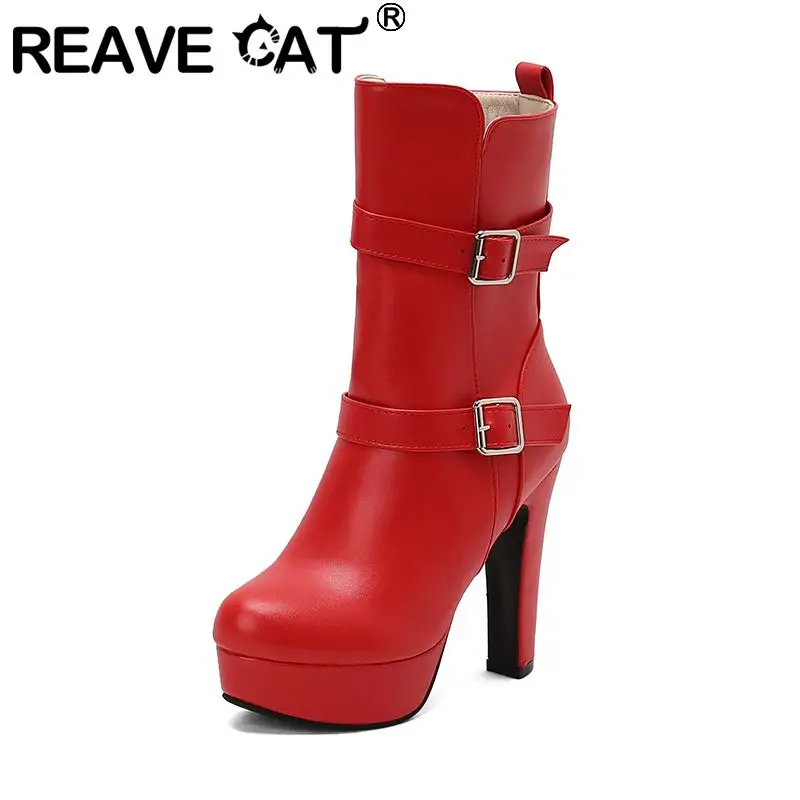 

REAVE CAT 2025 Женские ботинки до середины икры для свиданий с круглым носком, толстым каблуком 12 см, платформой 3,5 см, пряжкой на молнии, большой размер 43 48 49 50