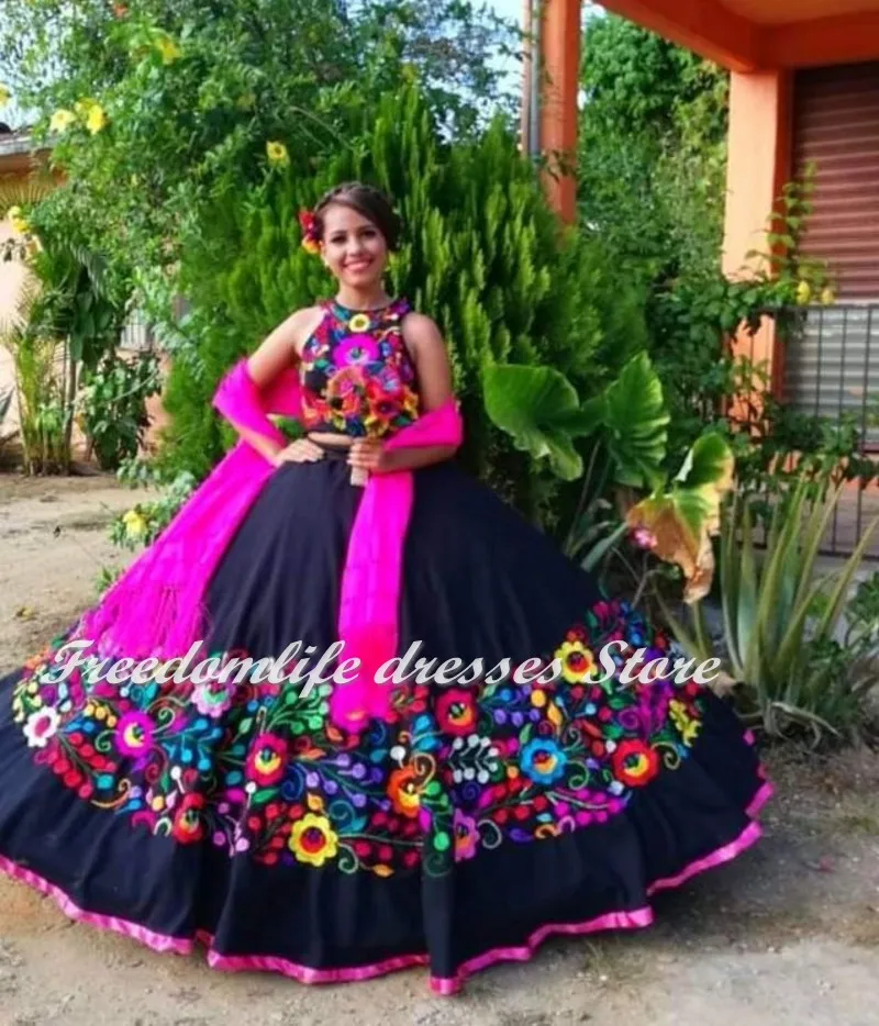 Charro vestido de 15 anos Two Pieces Quinceanera Dresses Wrap Embroidery Off Shoulder Customized Sweet 16 Quince XV Prom Gowns