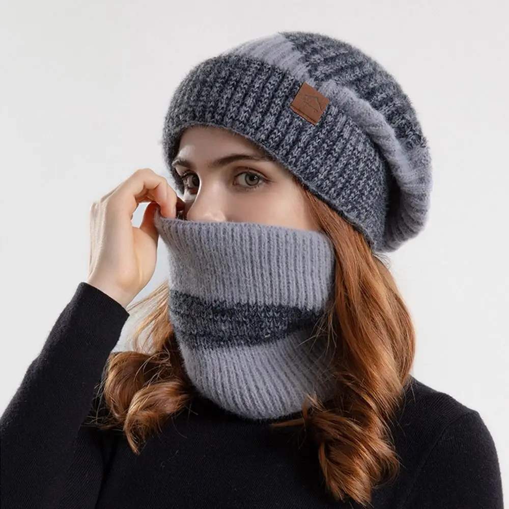 Fashion Thicken Soft Hat Scarf Set Fleece Lined Warm Beanie Hat Windproof Coldproof Neck Warmer for Autumn & Winter
