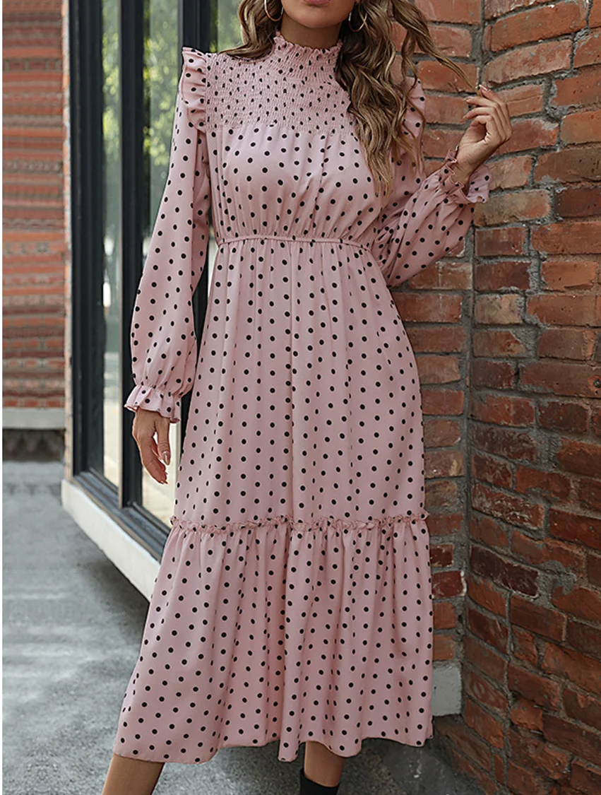 2024 autumn new women\'s fashion casual style long sleeve pleated waist polka dot dress