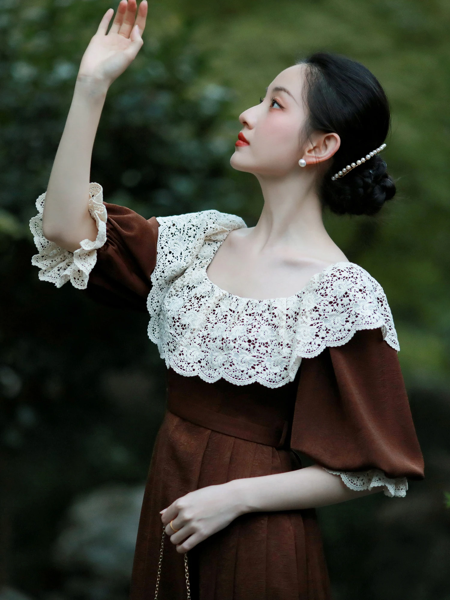 

84-92 см, весенне-осенние длинные платья для женщин, винтажные элегантные плиссированные платья в европейском стиле с тонким кружевным воротником и рукавами-фонариками