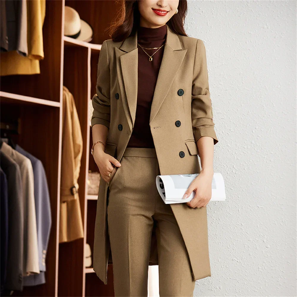 

Khaki Women Formal Pant Sets 2023 New in Casual Double Breasted Long Blazer + Trouser Suits Office Ladies Jacket 2 Piece Set