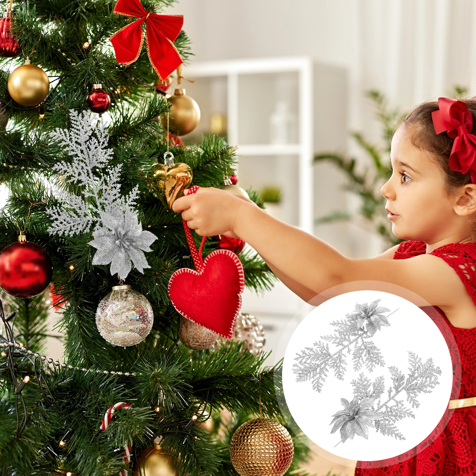 

6pcs Christmas Artificial Flowers Pine Branches Glitter Fake Flower Decor For Tree Table Setting Xmas Wreath Simulation Hanging