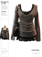 Women Two Piece Suit Vintage Grey Long Sleeve T-shirt with A-Line Mini Pleated Plaid Skirt Vintage Y2k Skirt Sets 2000s Clothes