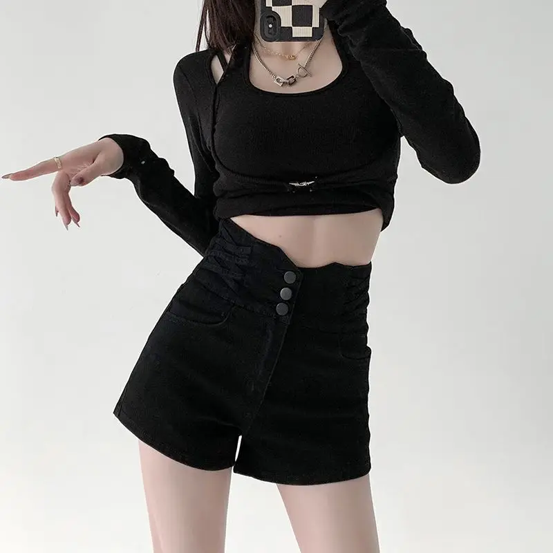 Women Summer Korean Fashion Solid Color High Waist Appear Thin Denim Shorts Women Clothes Casual All-match Office Lady Wide Leg