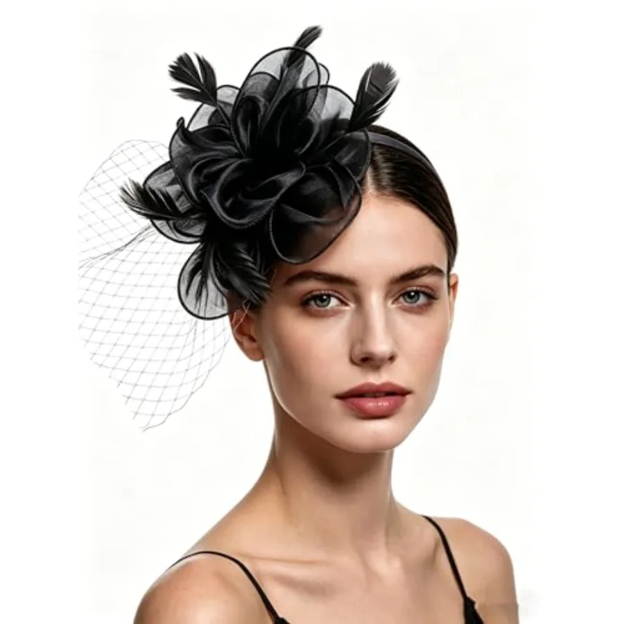 SAFERIN Women's Fascinators Feathers Tea Party Hat Veil Headband with Hair Clip for Cocktail Church