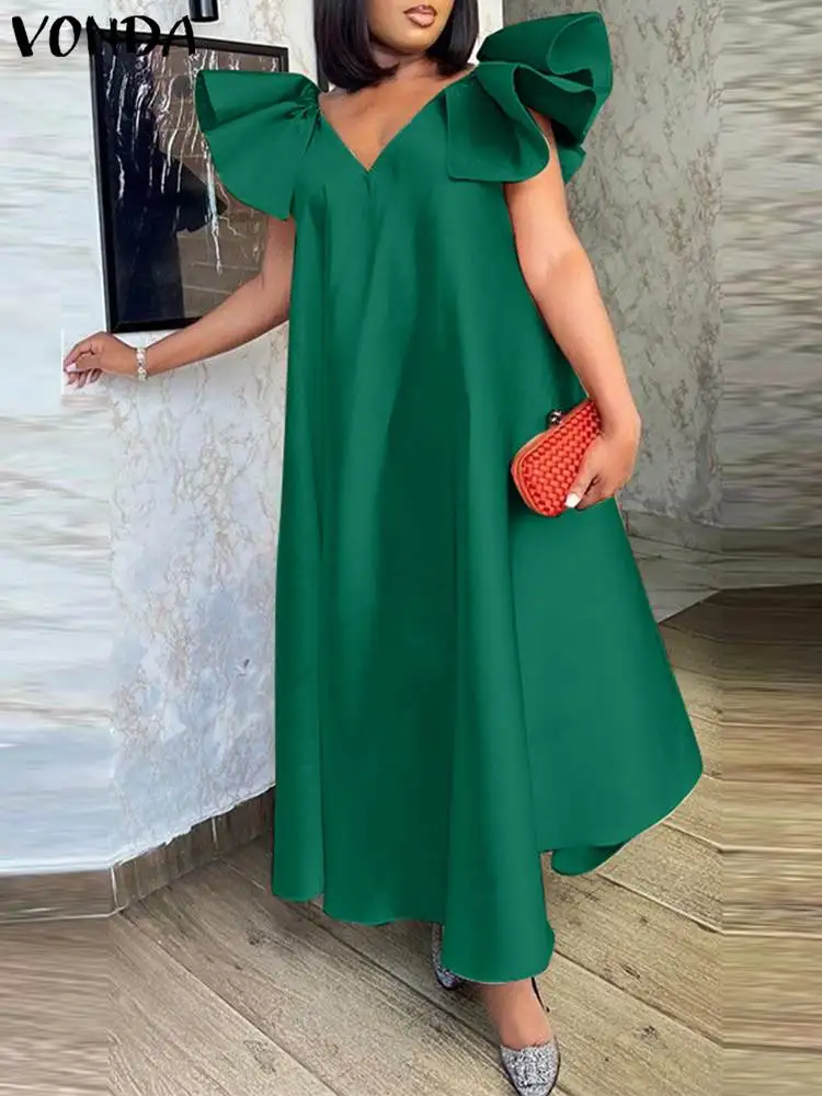 VONDA 2024 Women Ruffled Satin Dress Sexy V-Neck Long Maxi Sundress Summer Elegant Short Sleeve Solid Color Party Beach Vestidos