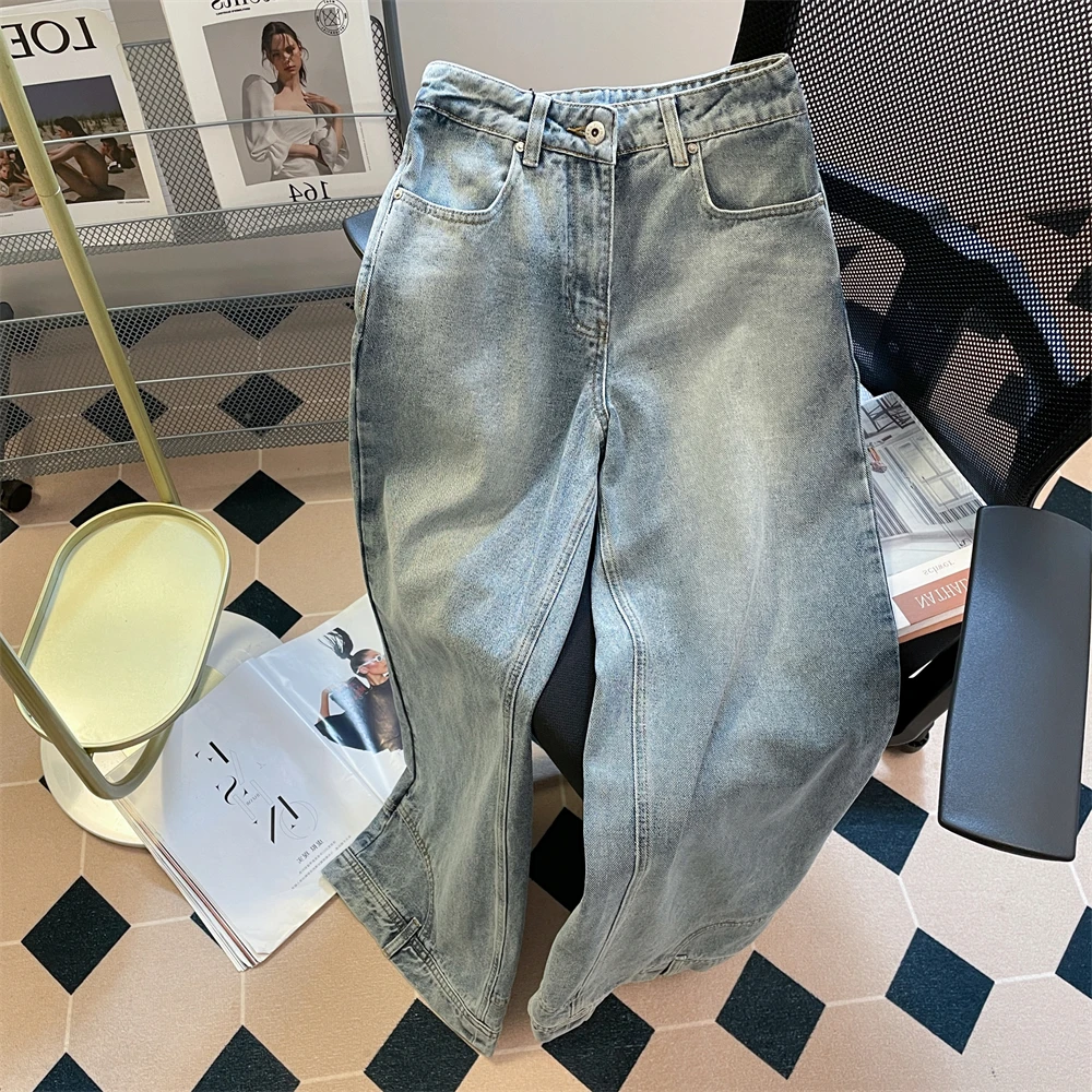 

Весенне-осенние мужские перевернутые джинсы, потертые светло-голубые широкие джинсовые брюки, американская мода, прямые брюки High Street