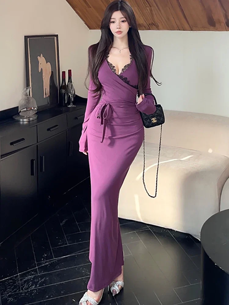 

Женское фиолетовое шикарное кружевное сексуальное длинное платье с длинным рукавом и v-образным вырезом, осень-зима, элегантное вечернее платье и мероприятия, корейское винтажное платье 2025 года