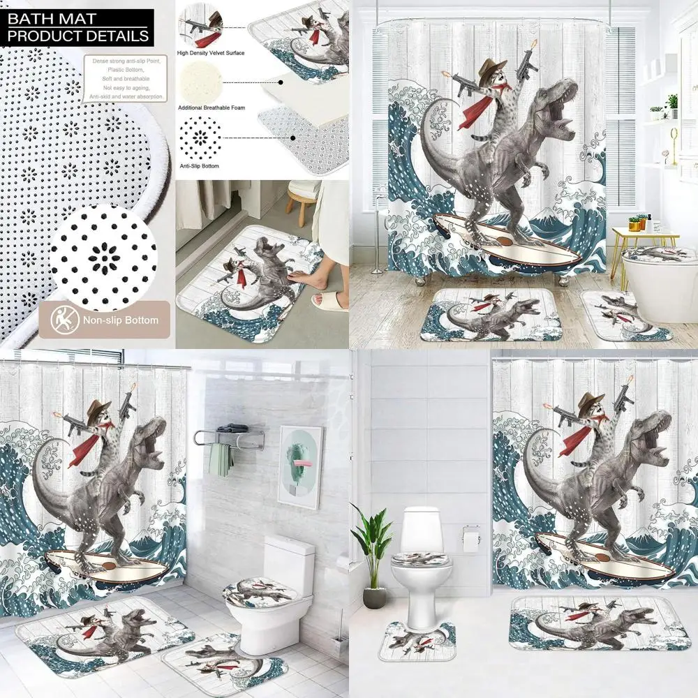 

4 Piece Dinosaur Themed Shower Curtain Set with 12 Hooks, Fun Wave Design, 72 x 72 for Bathroom Decor