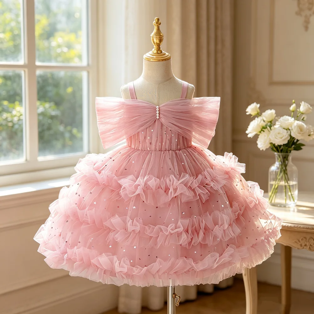 Off-the-shoulder cake dress for children's birthday parties festivals piano emcee dress flower girl princess dress