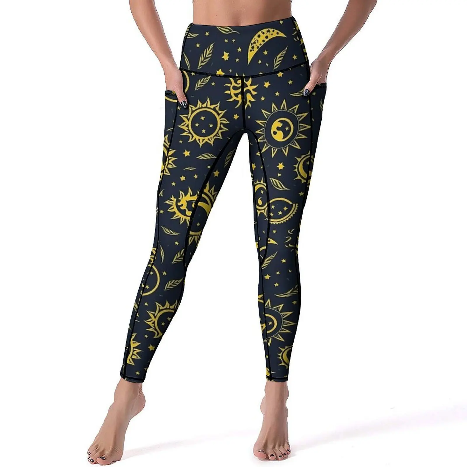 Leggings de yoga sexy à poches sur le thème du soleil et de la lune, leggings push-up, collants de sport élégants, design extensible, leggings de fitness cool