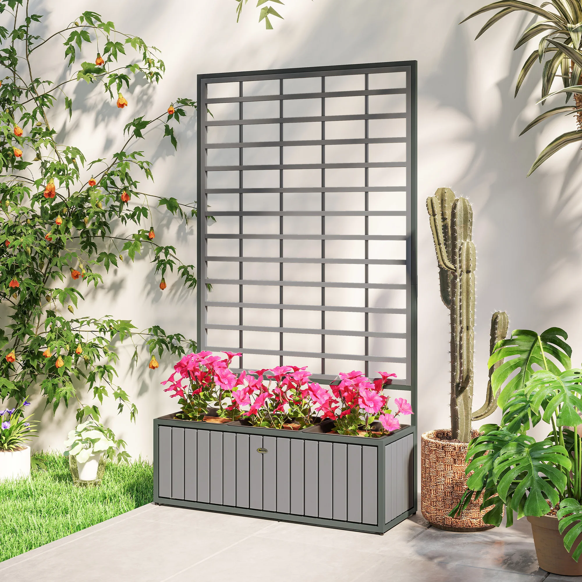 Raised Garden Bed, Planter Box with Trellis, Removable Pots, Gray image 8