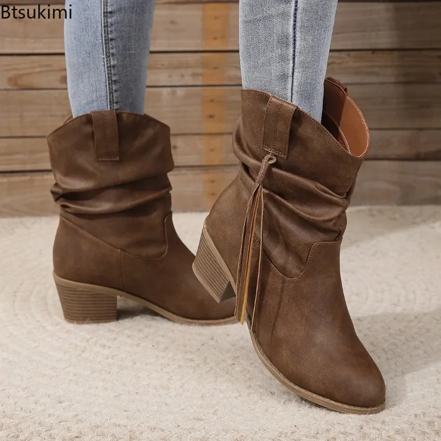 Bottes de cowboy western pour femmes, bottes courtes, grosses, mi-talons, rétro, pointu, Parker, chaussures pour femmes, conception de gland, bottes plissées pour dames