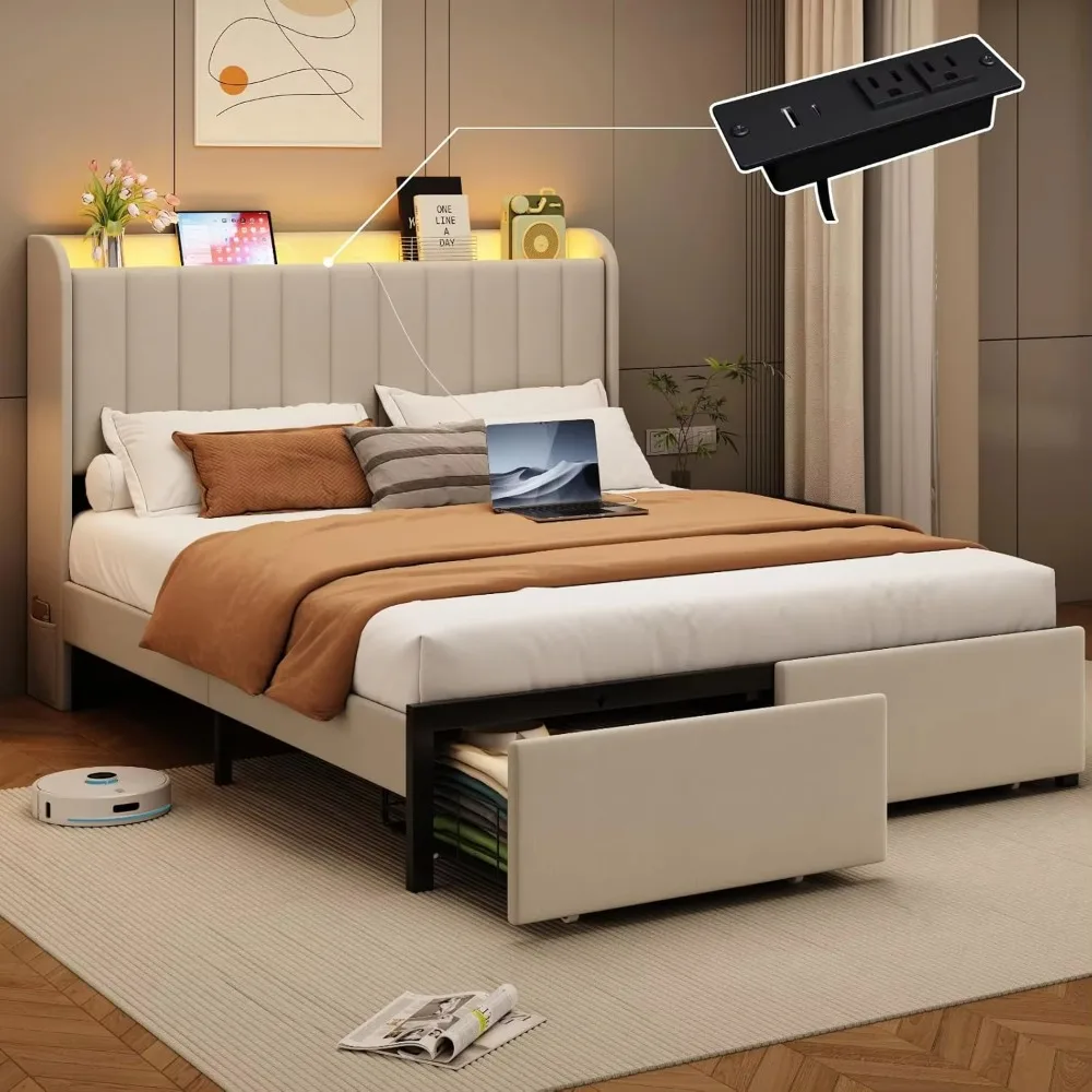 Full Size Bed Frames with Storage Headboard and 2 Drawers, Upholstered Platform Bed Frame Full with Led Lights and, Customized