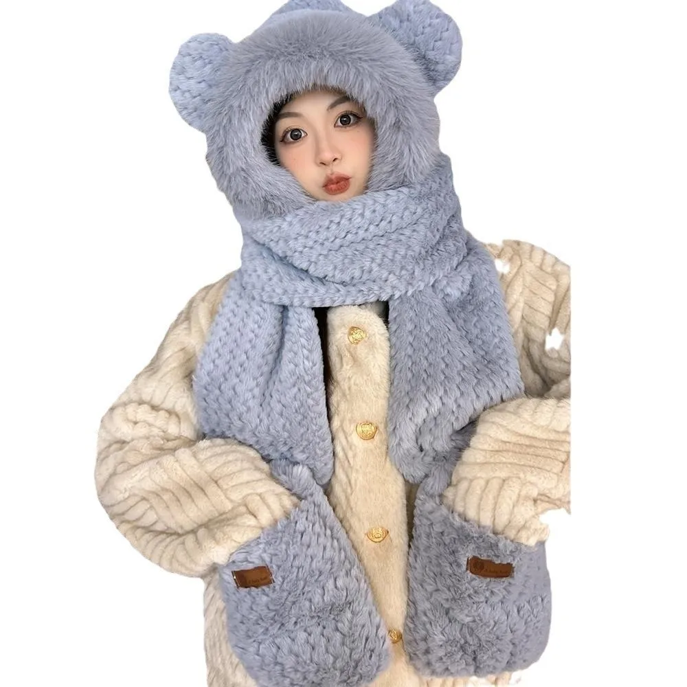 Cute Warm Hooded Scarf Hat Windproof Thickened Winter Hat Scarf Set Integrated Neck Anti-Freezing Warm Cap for Daily Wear
