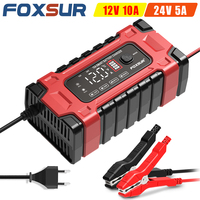 FOXSUR 10A Automotive Battery Charger 12V 24V Car Motorcycle Fast Repair Charging for 6Ah - 180Ah AGM Gel Wet Batteries Digital