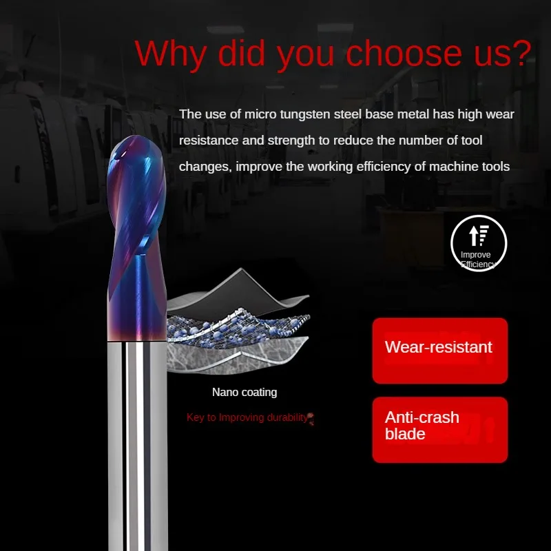 65 degree tungsten steel ball end milling cutter with hard alloy 2-blade R1 R2 R3 R4 blue nano coating