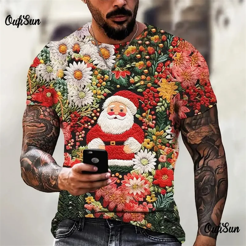 All Over Printed Christmas T-shirt For Men Clothing Short Sleeve O-neck Santa Claus Tee Shirts Mens Oversized Tshirt Tops