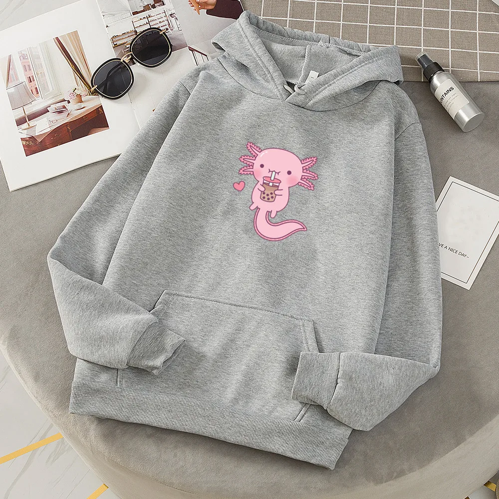 Funny Women Cute Axolotl Loves Bubble Tea Hoodies Sweatshirt Print Loose Cartoon Hooded Oversized Hoodie Streetwear Woman Cloth