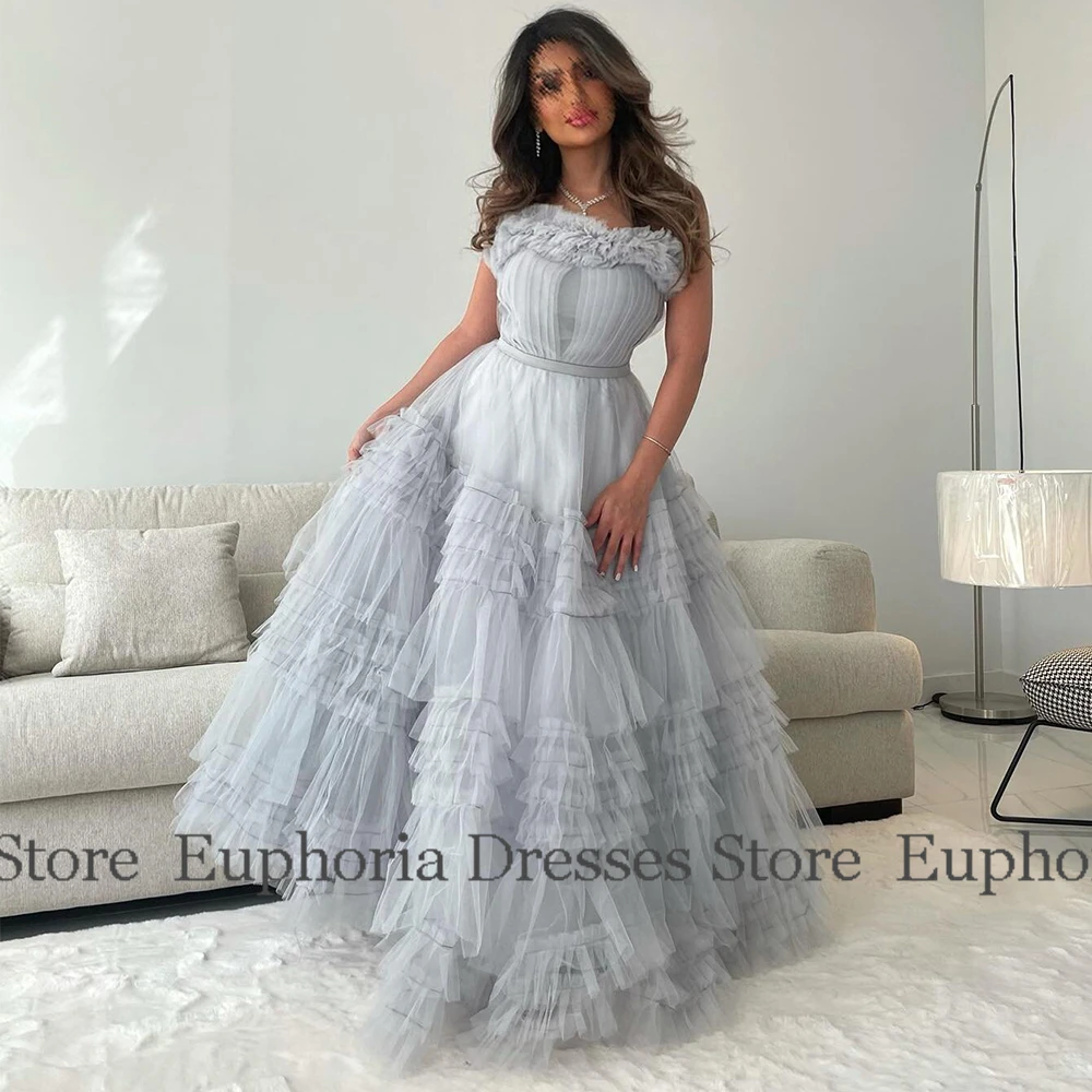 Dreamy Prom Dresses for Ladies Tulle A-line Homecoming Dress Light Blue Strapless Ruched Pleat Cascading Ruffles Birthday Dress