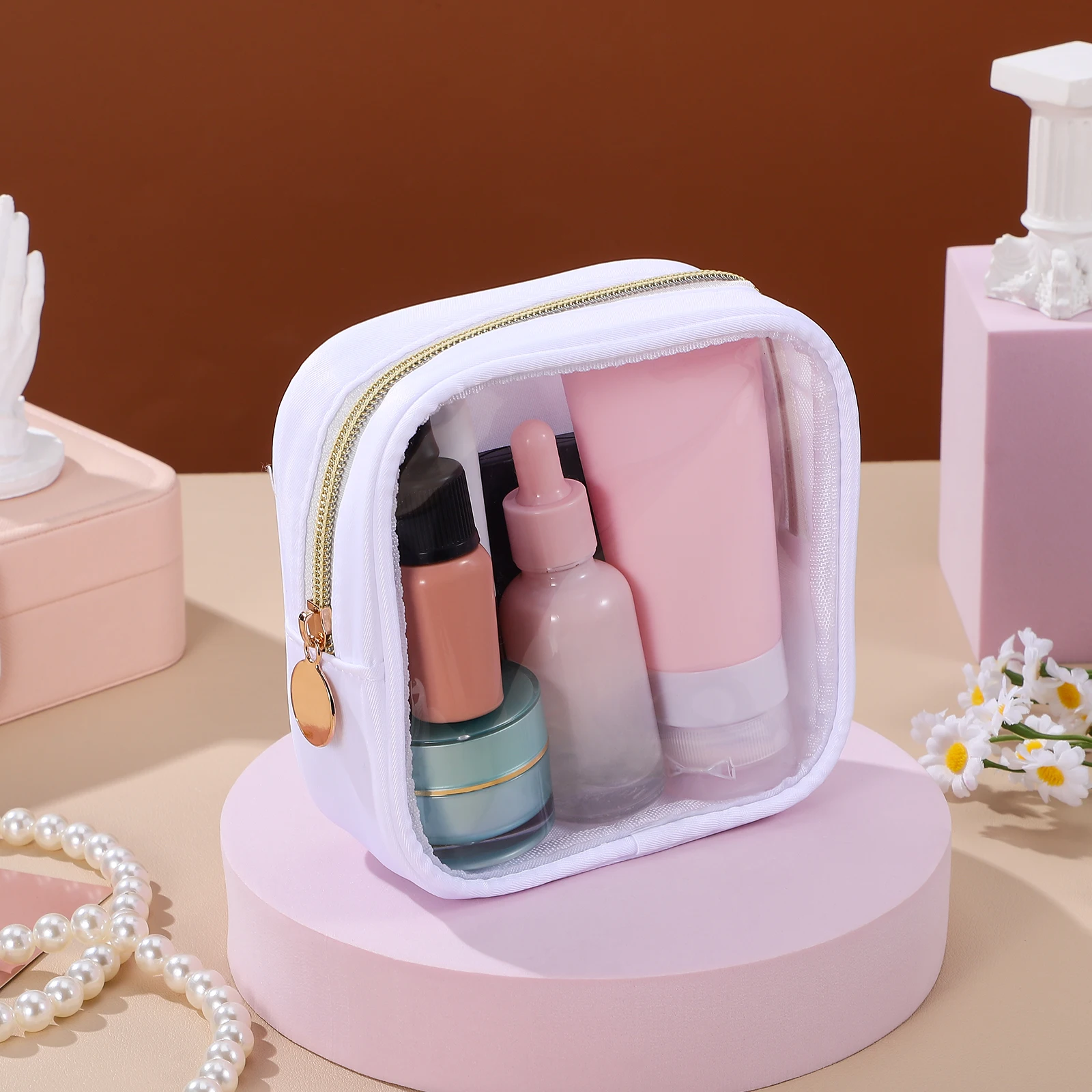 

Clear Mini Makeup Bag Organizer Pouch Storage Travel Toiletry Skincare Women Zipper Closure Compact Sturdy Protective