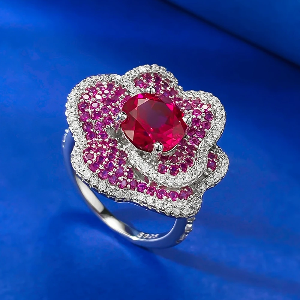 Wong Rain 100% 925 Sterling Silver Flower Ruby High Carbon Diamond Gemstone Wedding Fine Jewelry Sparkling Ring for Women Gifts