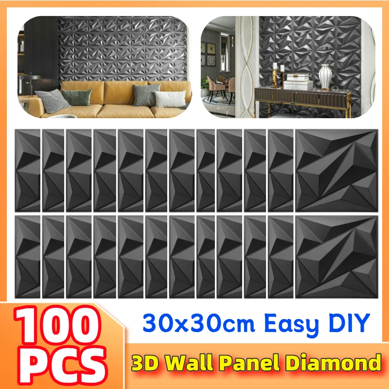 Panneau mural 3D noir diamant, panneaux de revêtement mural, papier peint 3D pour salon, salle de jeux, décoration de fond TV, 30x30cm, 100 pièces