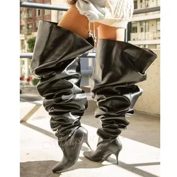 New Big Thigh High Boots Slip On Leather Pointy Toe Stiletto Heels Women Shoes Winter Party Designer Oversize Sexy Long Boots