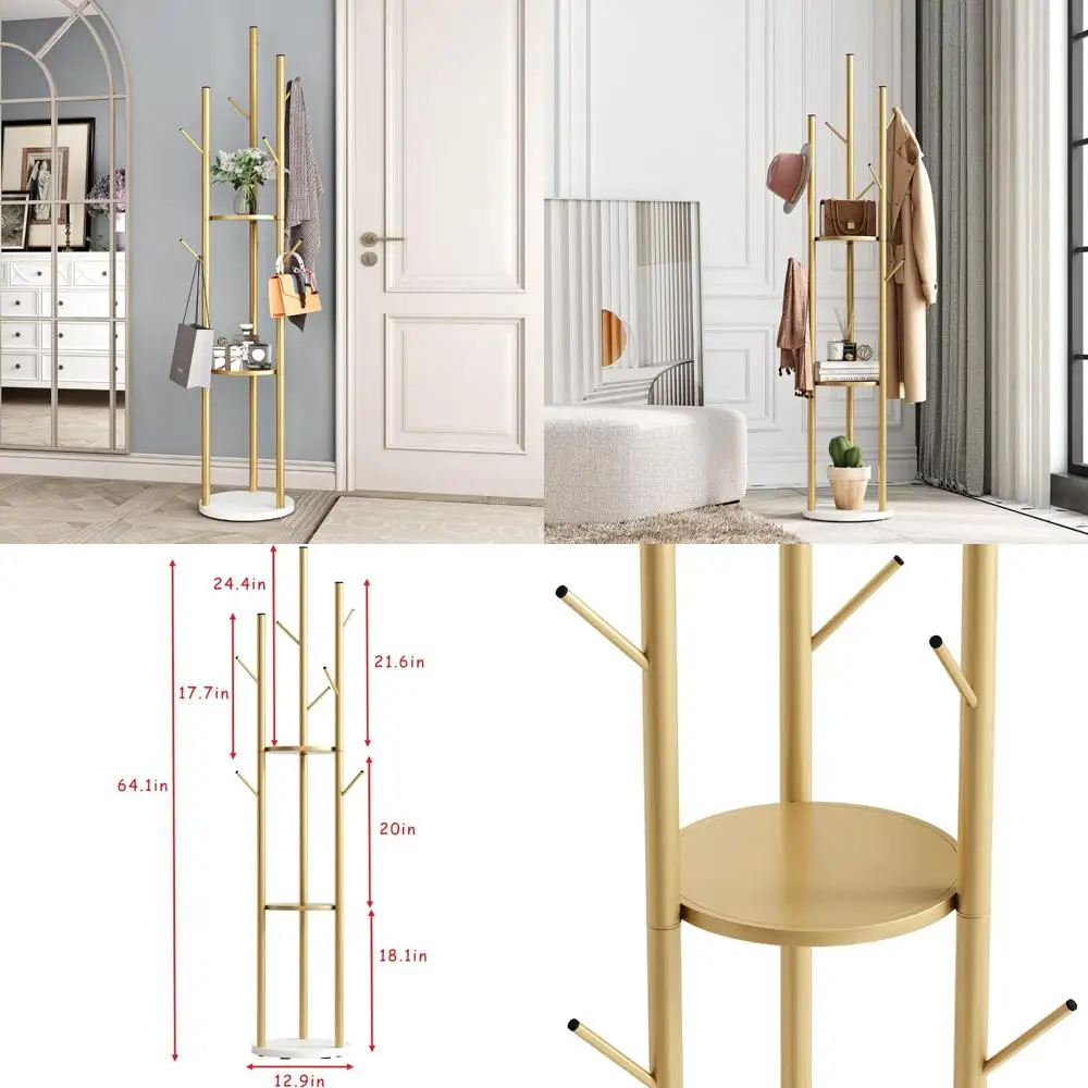 Freestanding Gold Metal Coat Rack, Modern Hall Tree Stand for Hats, Scarves, Bags, Stylish Storage Solution