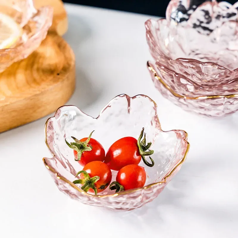 3pcs Cherry Blossom Sauce Dishes Small Glass Dish Sauce Bowl Nodic Gold Inlay Ice Cream Small Dinner Plates Kitchen Supplies