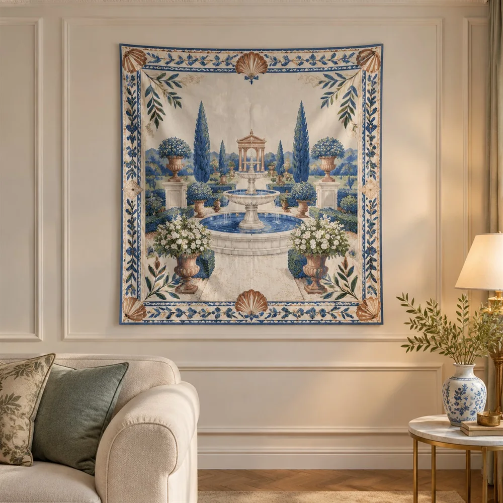 VIKAMA Formal Garden Fountain Clustered Groups Tapestry Wall Hanging, Neoclassical Wall Decor Tapestries for Living Room Bedroom